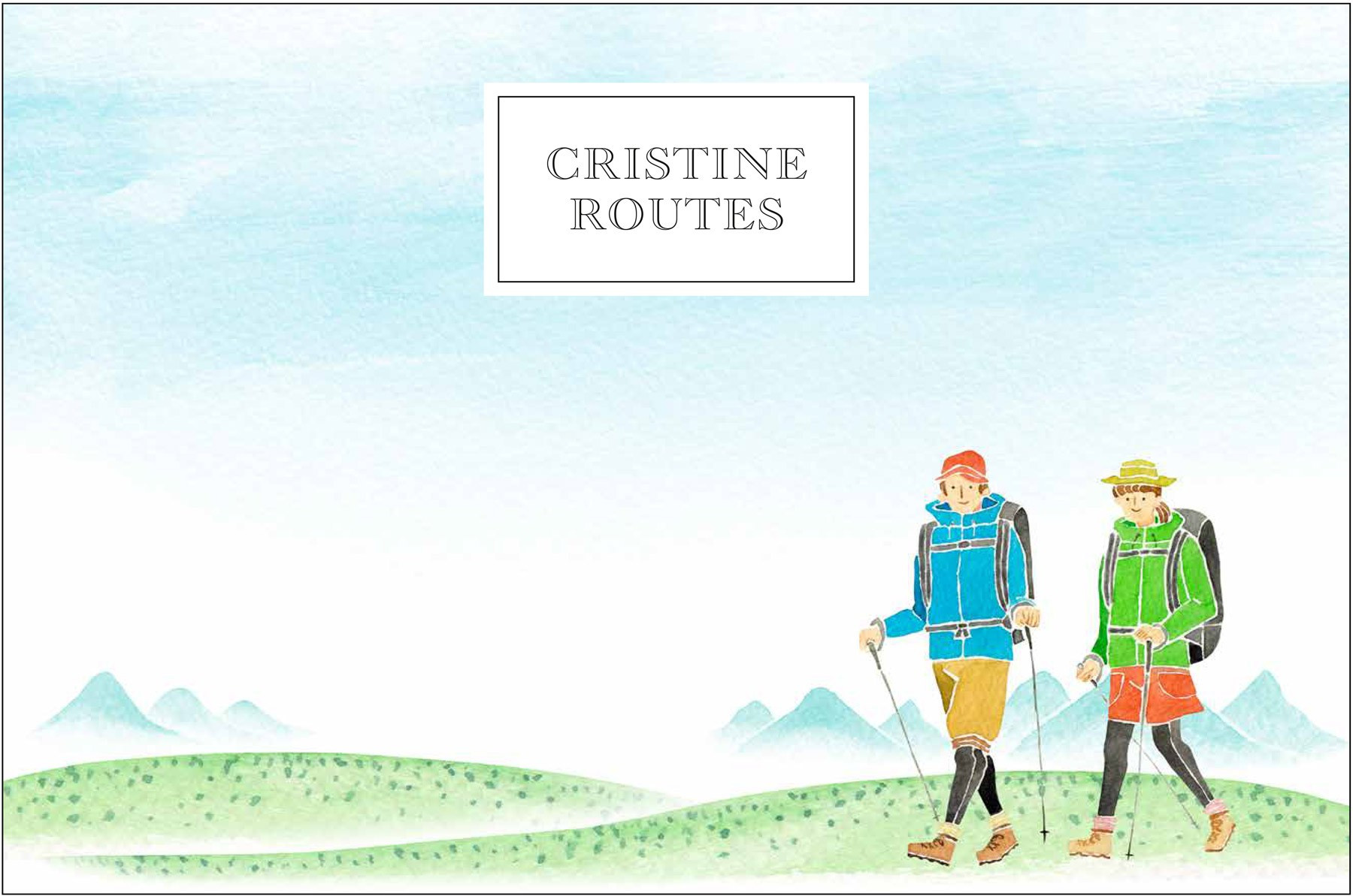 Ilustración con excursionistas en montaña y texto "Cristine Routes".