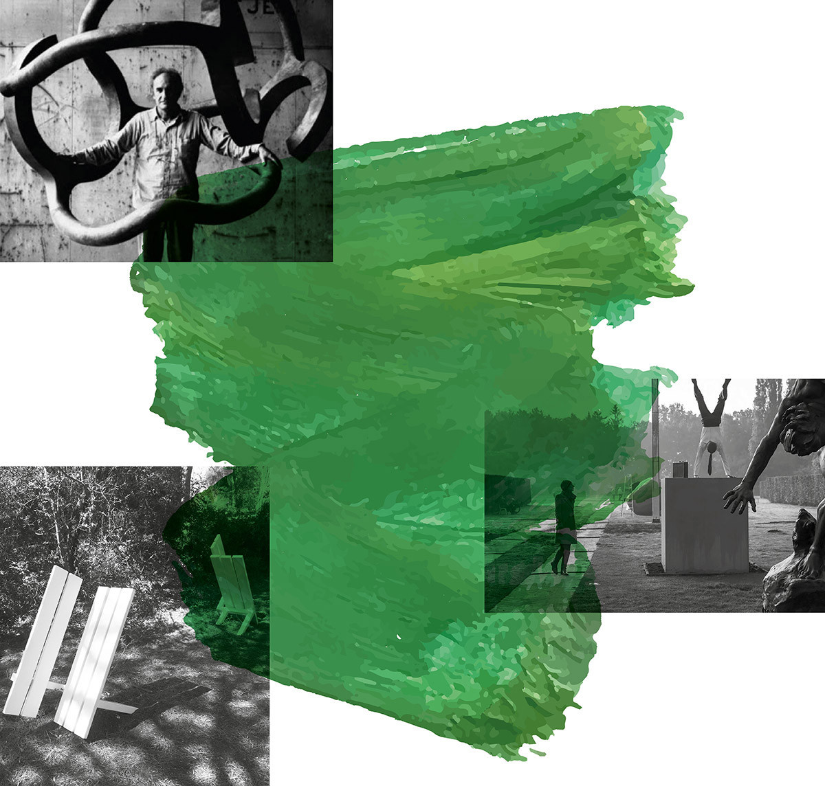 Collage of black and white photographs with green paint in the center.