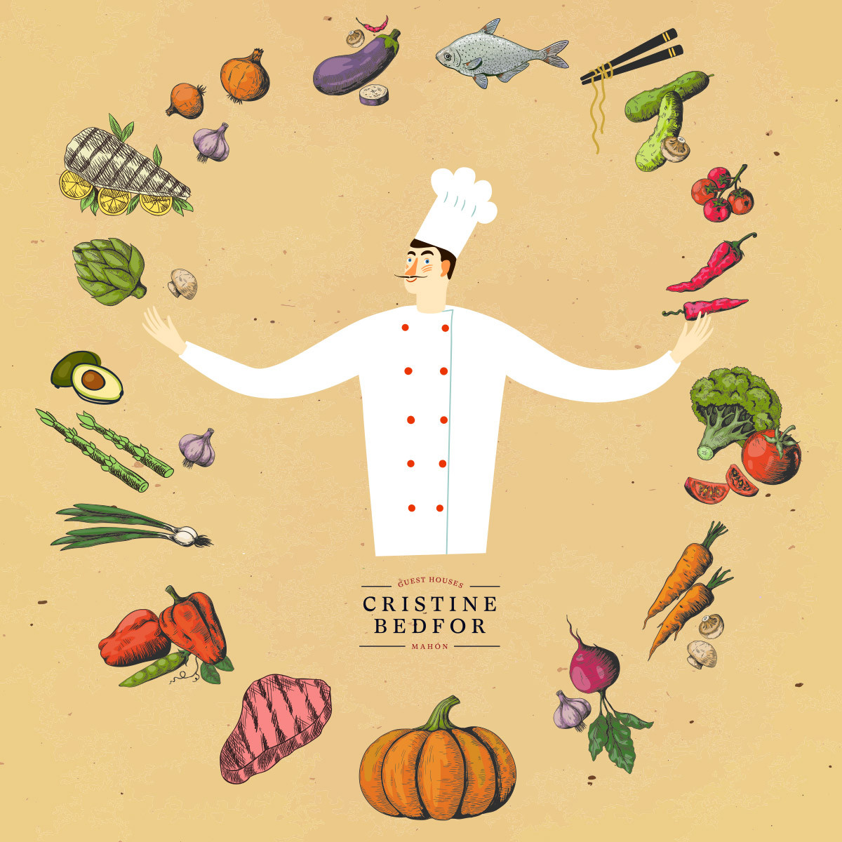 Ilustración de cocinero rodeado de alimentos.