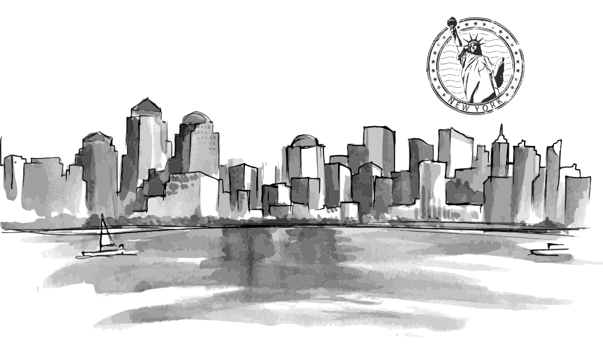 Dibujo en blanco y negro del skyline de Nueva York.